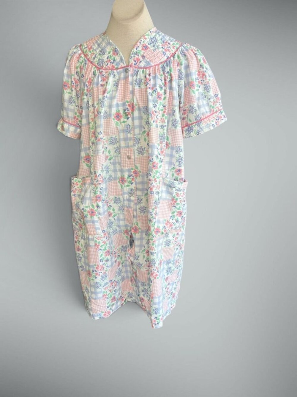 Cinejour Vintage Floral Patchwork Snap Front Housecoat Size Large